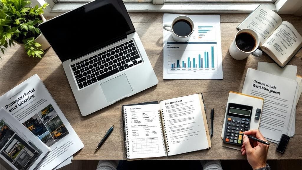 Desk with dumpster rental research materials and guides