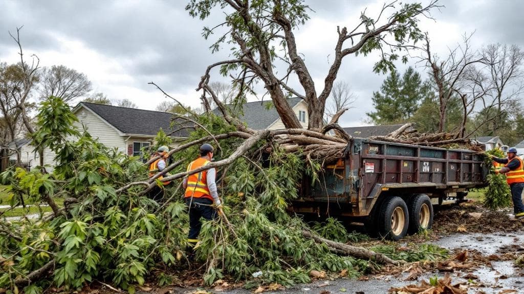 Storm damage cleanup with fallen branches being loaded into dumpster